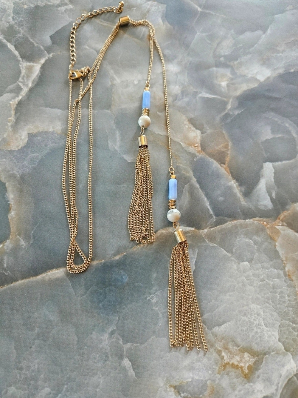 Gold Tassel Pendant Lariat Necklace with Light Blue Beads
